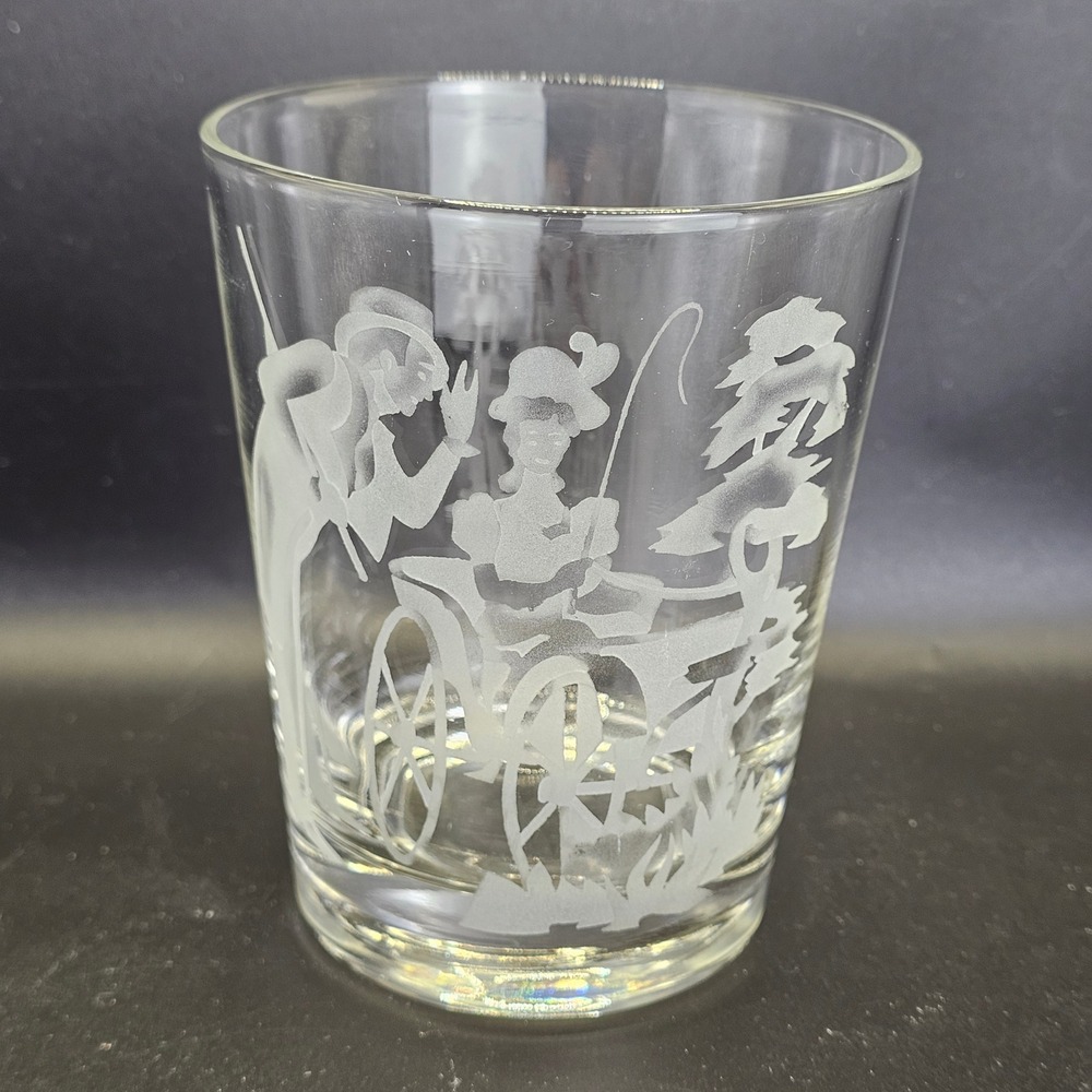 1959 I.W. Harper Bourbon Etched Victorian Carriage Rocks Whiskey Glass Barware